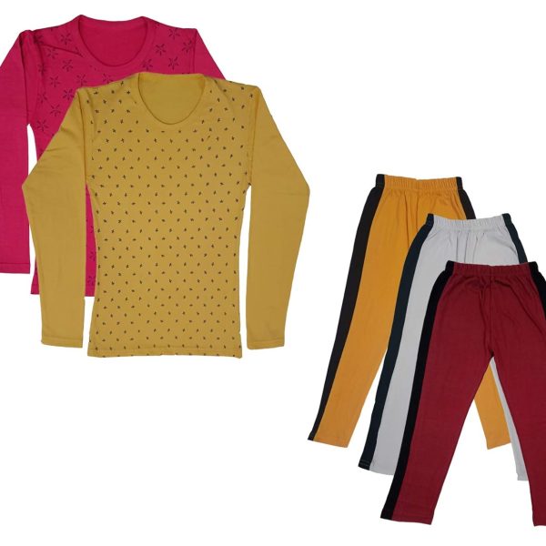 IndiWeaves Girls Cotton Full Sleeve Printed T-Shirts and Cotton Capri 3/4 Pants (Mustard,White,Maroon,Magenta,Yellow,8-9 Years) Pack of 5