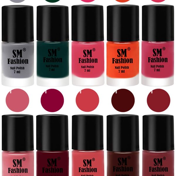 SM FASHIONQuick Dry One Stroke Color Nail Paint Combo Offer Set of 10 in Wholesale Rate 7 ml each, Gray-Dark Green-Dark Rose Pink-Reddish Orange -Dusty Pink-Nude Pink-Boysenberry-Punch Pink-Wine-Plum