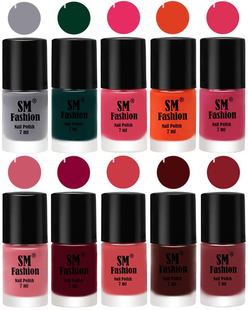 SM FASHIONQuick Dry One Stroke Color Nail Paint Combo Offer Set of 10 in Wholesale Rate 7 ml each, Gray-Dark Green-Dark Rose Pink-Reddish Orange -Dusty Pink-Nude Pink-Boysenberry-Punch Pink-Wine-Plum