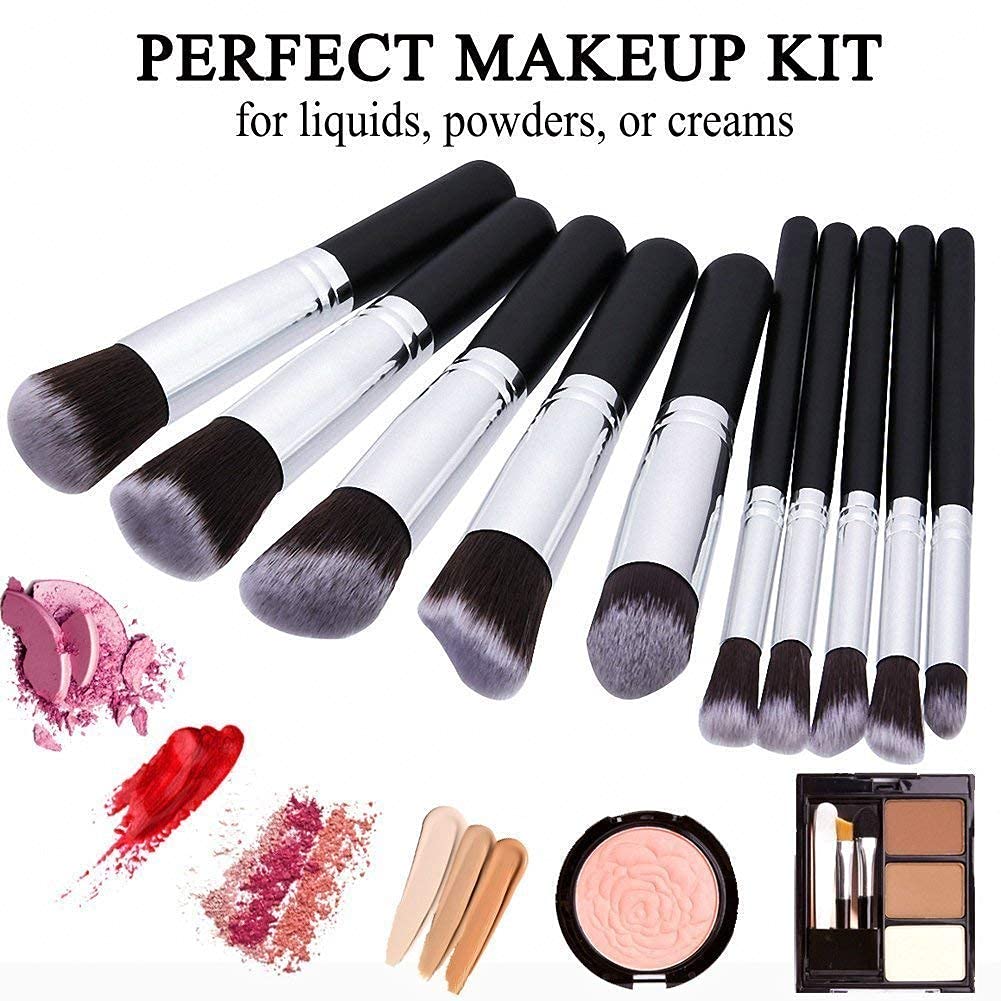Fiber Bristle Makeup Brushes Set Tool Pro Foundation Eyeliner Eyeshadow (Black) with Sponge Puff -2 pcs- Black, 10 Pieces