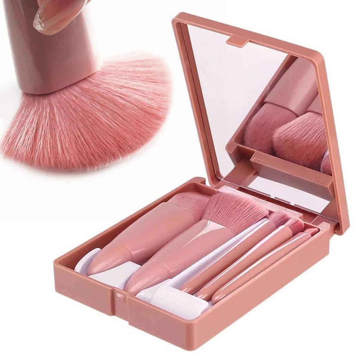 Anup Torda Travel Makeup Brushes Set Professional with Mirror 5 in 1 Small Mini Makeup Brush kit and case for Women Face Eye Eyebrow Blush and Lip Gloss