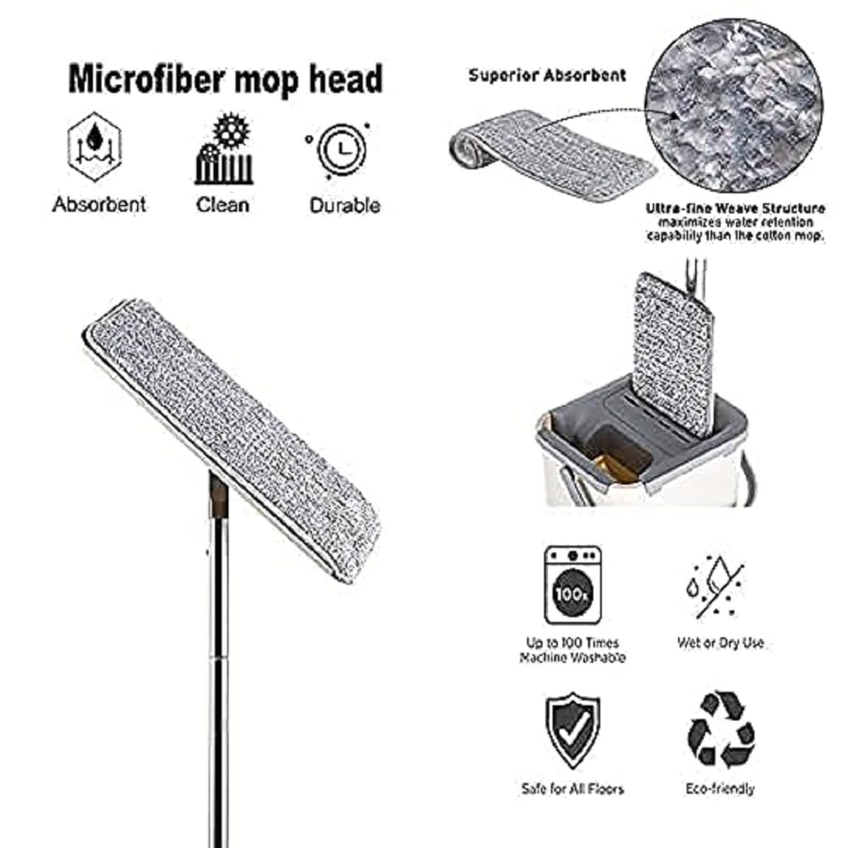 Mop Heavy Quality Floor Mop with Bucket, Flexible Kitchen tap Flat Squeeze Cleaning Supplies 360 Flexible Head/2 Reusable Pads Clean Home Floor Cleaning - Image 6