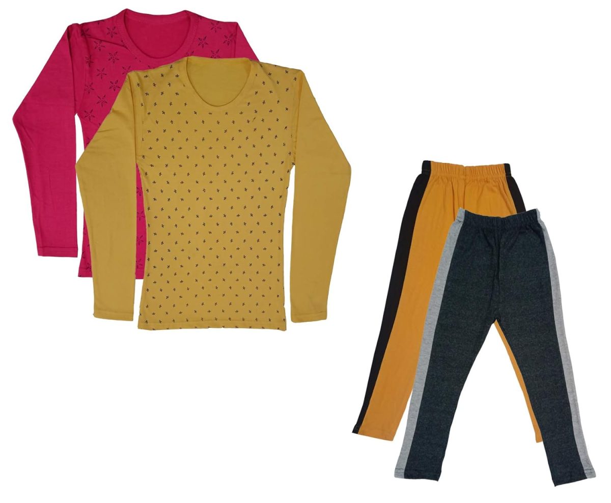 IndiWeaves Girls Cotton Full Sleeve Printed T-Shirts and Cotton Capri 3/4 Pants (Mustard,Dark Grey,Magenta,Yellow,9-10 Years) Pack of 4