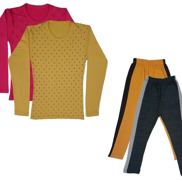 IndiWeaves Girls Cotton Full Sleeve Printed T-Shirts and Cotton Capri 3/4 Pants (Mustard,Dark Grey,Magenta,Yellow,9-10 Years) Pack of 4