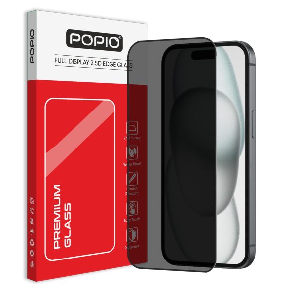POPIO Privacy Tempered Glass Compatible for iPhone 15 (Black) Edge to Edge Coverage with Easy Installation kit, Anti-Spy Tempered Glass Privacy Screen Protector
