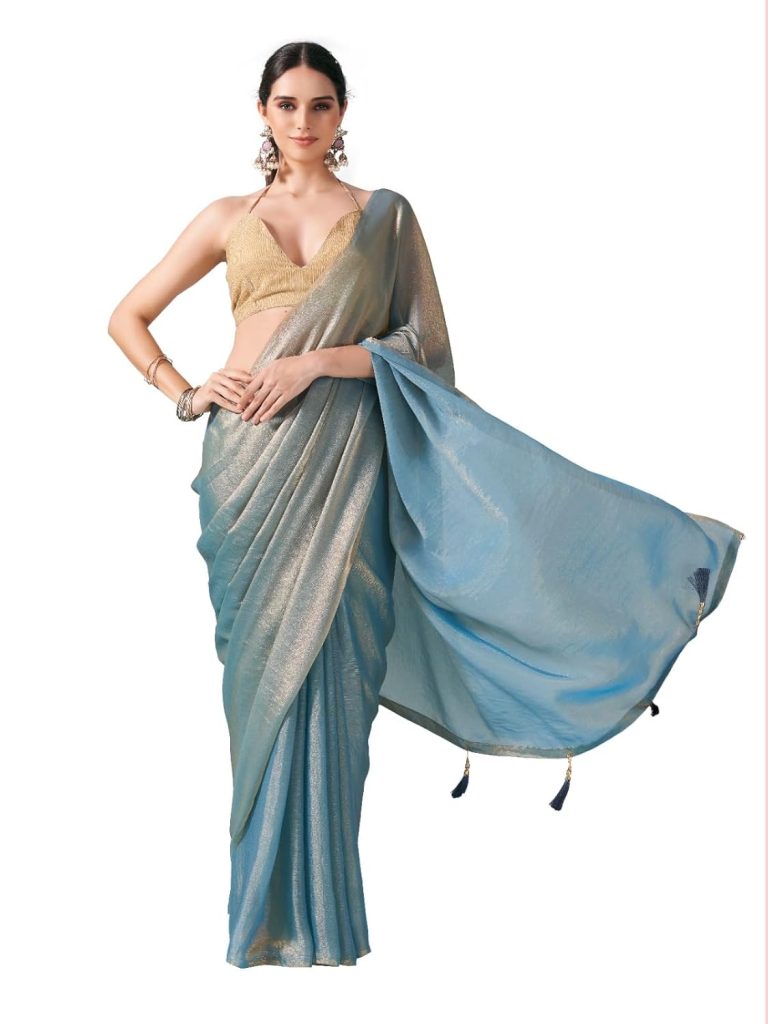 Womanista Women's Plain Poly Chiffon Jimmychoo Two Tone Saree with Un-Stitched Blouse