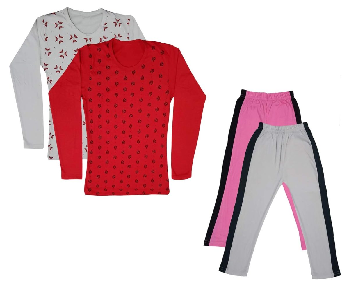 IndiWeaves Girls Cotton Full Sleeve Printed T-Shirts and Cotton Capri 3/4 Pants (Pink,White,White,Red,8-9 Years) Pack of 4