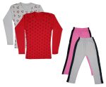 IndiWeaves Girls Cotton Full Sleeve Printed T-Shirts and Cotton Capri 3/4 Pants (Pink,White,White,Red,8-9 Years) Pack of 4