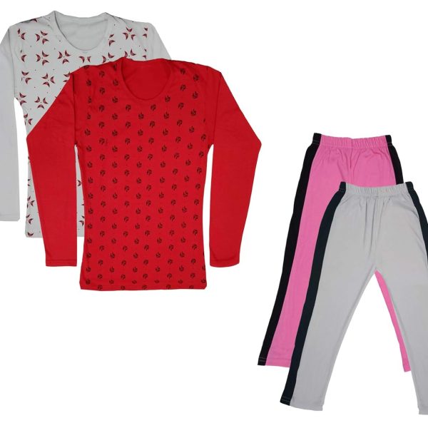 IndiWeaves Girls Cotton Full Sleeve Printed T-Shirts and Cotton Capri 3/4 Pants (Pink,White,White,Red,8-9 Years) Pack of 4