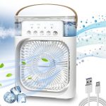 Elevea ( LIMITED STOCK WITH 15 YEARS WARRANTY ) Portable Air Conditioner Cooler, Mini Evaporative Cooler with 7 Colors LED Light, 1/2/3 H Timer, 3 Wind Speeds and 3 Spray Modes for Your Desk-White