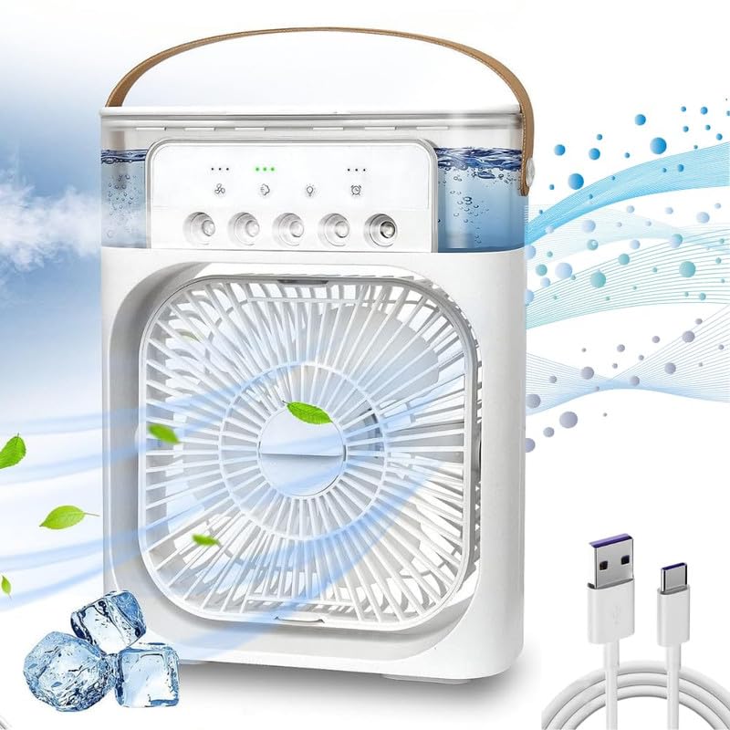 Elevea ( LIMITED STOCK WITH 15 YEARS WARRANTY ) Portable Air Conditioner Cooler, Mini Evaporative Cooler with 7 Colors LED Light, 1/2/3 H Timer, 3 Wind Speeds and 3 Spray Modes for Your Desk-White