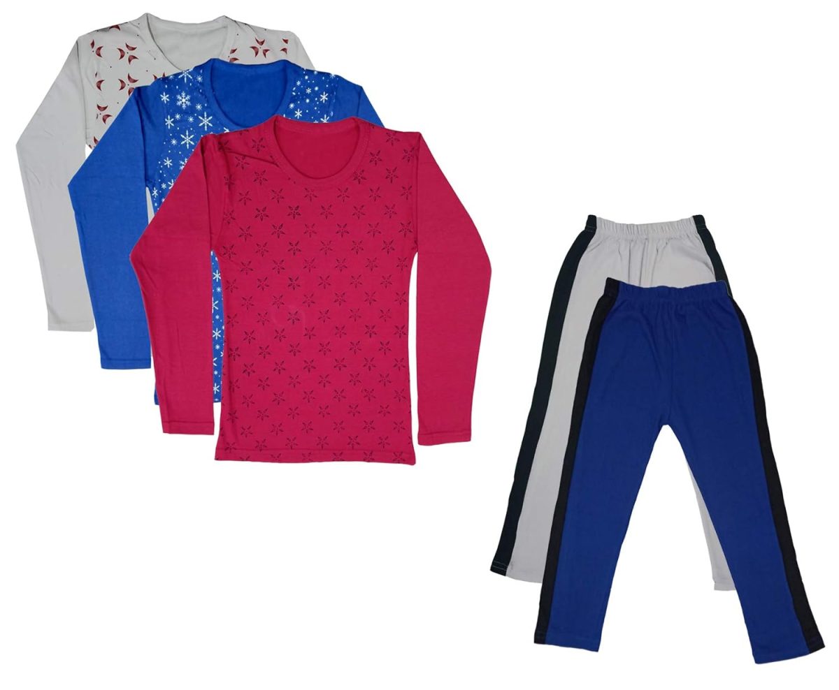IndiWeaves Girls Cotton Full Sleeve Printed T-Shirts and Cotton Capri 3/4 Pants(White,Blue,White,Blue,Magenta,17-18Years) Pack of 5