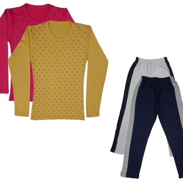 IndiWeaves Girls Cotton Full Sleeve Printed T-Shirts and Cotton Capri 3/4 Pants (White,Navy Blue,Magenta,Yellow,14-15 Years) Pack of 4