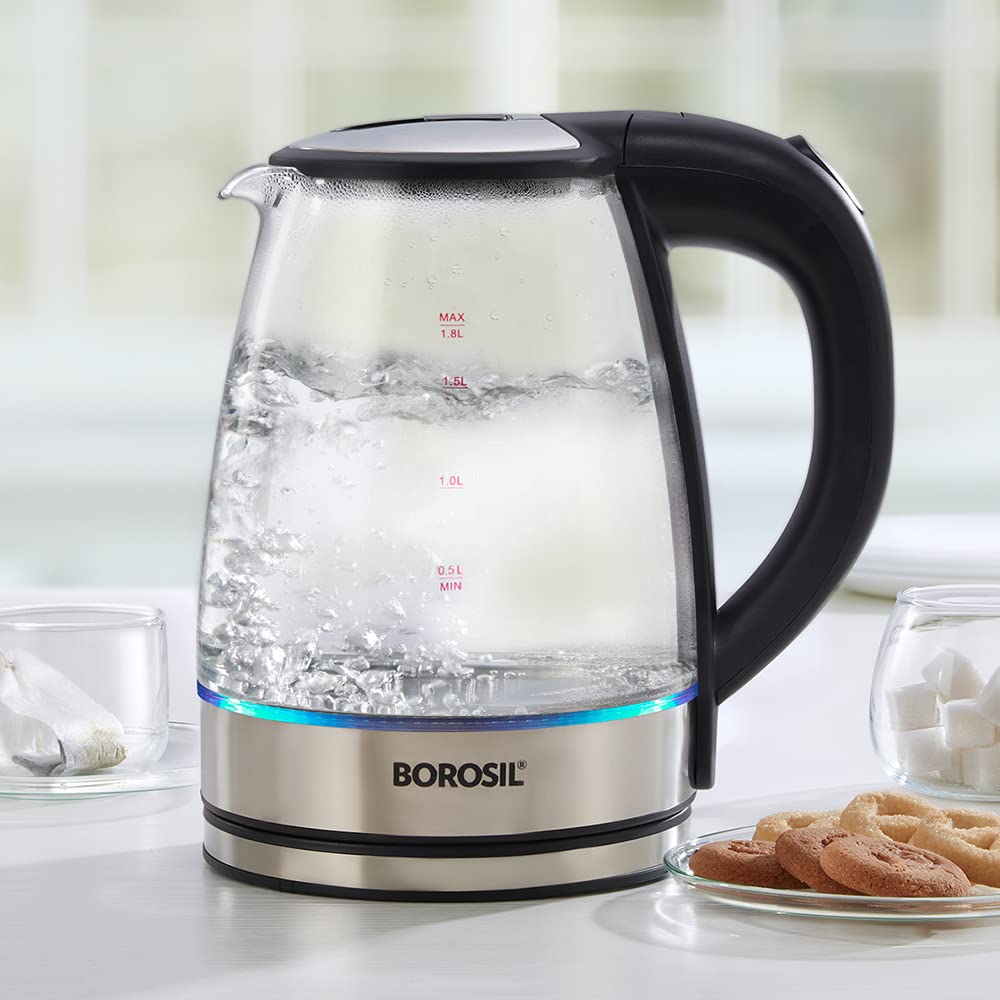 Borosil Electric Glass Kettle, Borosilicate Glass, Extra Long Cord, Dry-boil Protection, 360° Rotating Base, 1.8 L, Transparent, 1500 Watts