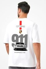 GT3 RS 911 Racing Car Graphic Oversize T-Shirt, White Cotton, Double-Sided Print - Image 2
