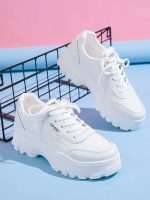 Shoetopia Lace-up Detail White Chunky Sneakers for Women & Girls - Image 2