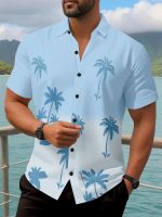 Men's Hawaiian Palm Tree Print Short Sleeve Button Down Shirt,Cotton Lycra White Tree Pattern - Image 3