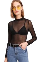 Aahwan Women's & Girl's Polyester Mesh Long Sleeve Sheer Slim Fit High Neck See-Through Top