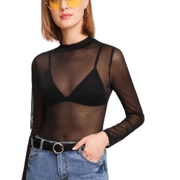 Aahwan Women's & Girl's Polyester Mesh Long Sleeve Sheer Slim Fit High Neck See-Through Top