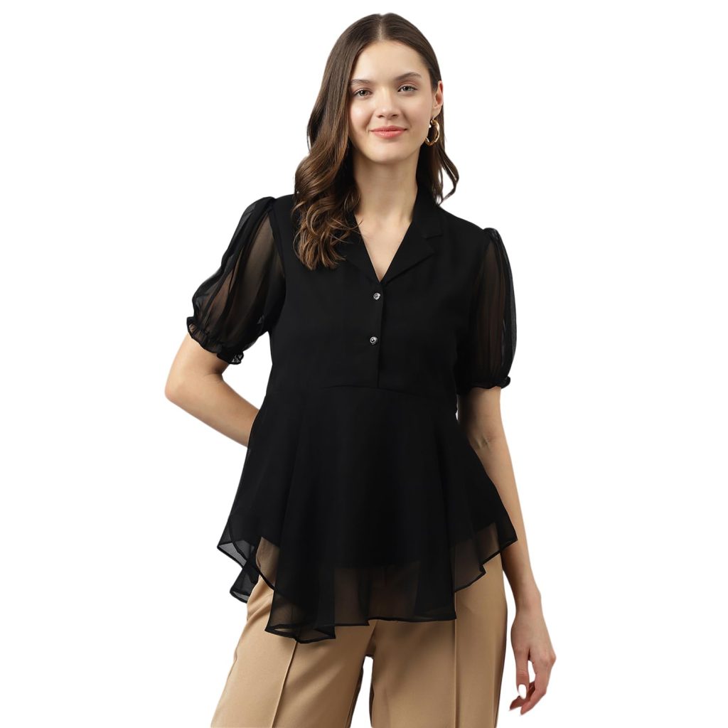 KERI PERRY Women's Georgette Solid Flared Western Regular Fit Top|Winter Top|Western Top| Top for Women|Latest Women Top|Trendy Women Top|New Launched