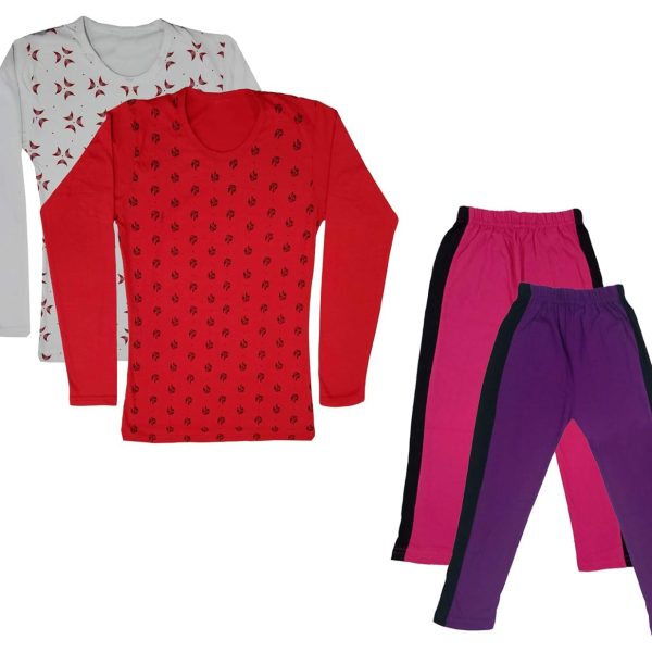IndiWeaves Girls Cotton Full Sleeve Printed T-Shirts and Cotton Capri 3/4 Pants (Magenta,Purple,White,Red,14-15 Years) Pack of 4
