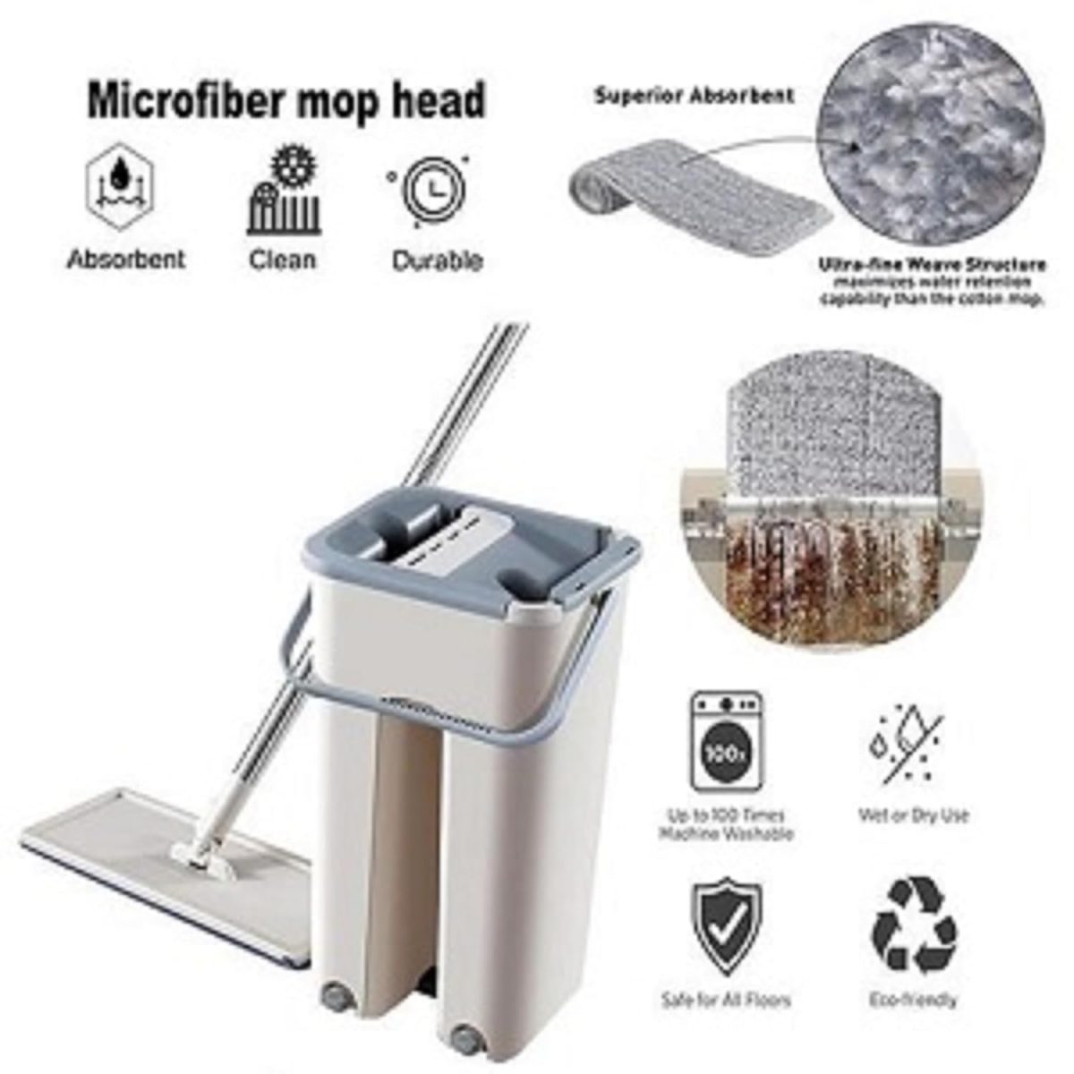 Mop Heavy Quality Floor Mop with Bucket, Flexible Kitchen tap Flat Squeeze Cleaning Supplies 360 Flexible Head/2 Reusable Pads Clean Home Floor Cleaning - Image 2