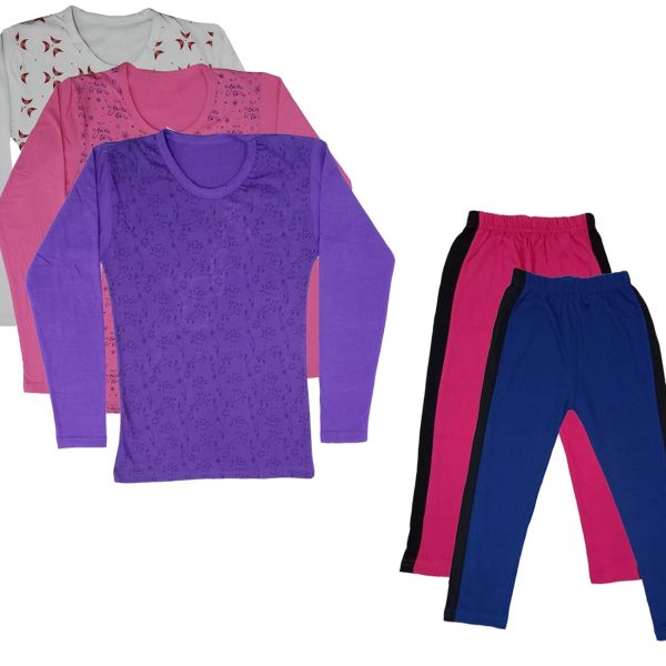 IndiWeaves Girls Cotton Full Sleeve Printed T-Shirts and Cotton Capri 3/4 Pants (Magenta,Blue,White,Pink,Purple,15-16 Years) Pack of 5