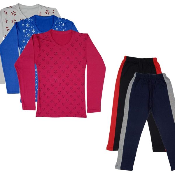 IndiWeaves Girls Cotton Full Sleeve Printed T-Shirts and Cotton Capri 3/4 Pants (Black,Navy Blue,White,Blue,Magenta,15-16 Years) Pack of 5