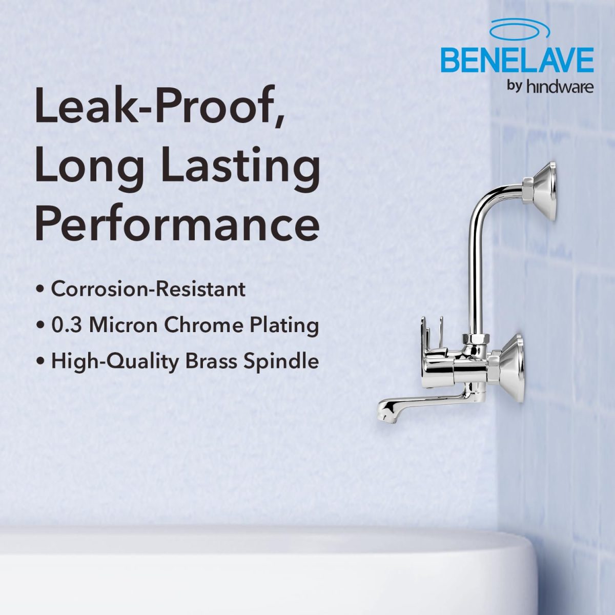 Benelave by Hindware Volga Brass Wall Mixer for Bathroom with Stainless Steel L-Bend Provision for Overhead Shower, Chrome Finish | 7-Year Manufacturer Warranty - Image 3