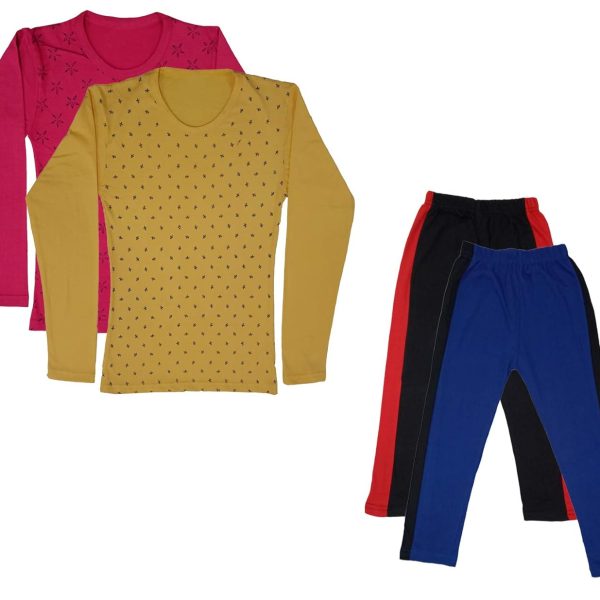 IndiWeaves Girls Cotton Full Sleeve Printed T-Shirts and Cotton Capri 3/4 Pants (Black,Blue,Magenta,Yellow,11-12 Years) Pack of 4