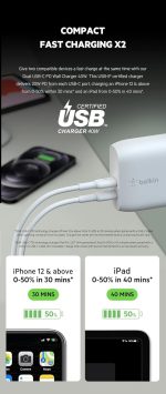 Belkin 40W (20W + 20W) Two Ports USB -C PD Wall Charger | Fast Charging for iPhone Series (16, 16 Pro Max, 15, 15 Pro Max) Samsung Galaxy S24 Ultra, iPad, AirPods & More | 2 Years Warranty, White - Image 3