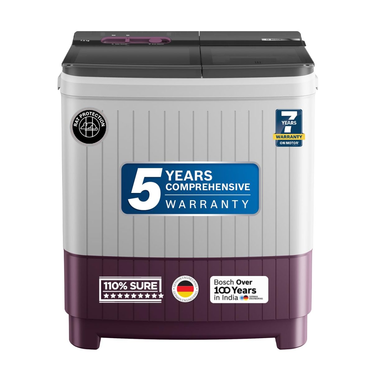 Bosch 8.5 kg 5 Star Semi-Automatic Top Loading Washing Machine (2025 Model, WJP854V0IN, 3 Wash Programs, Anti-Rust Body, 1300 RPM Spin Speed, Wine, 5 Years Comprehensive Warranty)