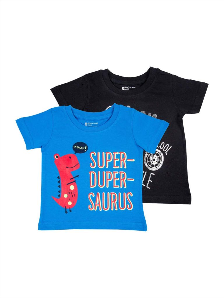 BODYCARE Kids Infantwear Boy's Black & Blue Printed Round Neck Regular Fit T-Shirt Pack Of 2,Cotton,3-4 Y