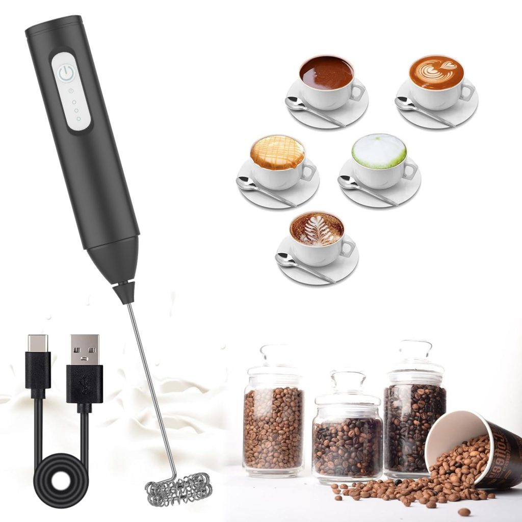 Konquer TimeS Rechargeable Milk Frother – Handheld Electric Coffee Frother with USB-C Charging, 3-Speed Stainless Steel Whisk for Lattes, Matcha, Hot Chocolate, and Frappe