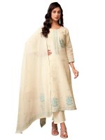 Sanisa Women's Cotton Jacquard Work Straight Kurta with Pant and Dupatta Set