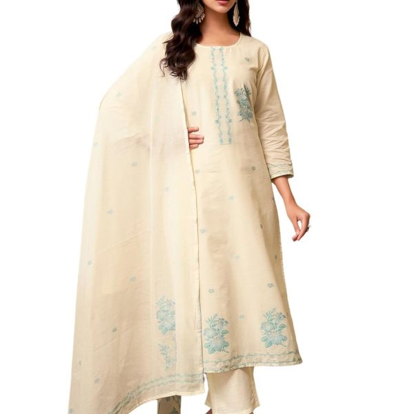 Sanisa Women's Cotton Jacquard Work Straight Kurta with Pant and Dupatta Set