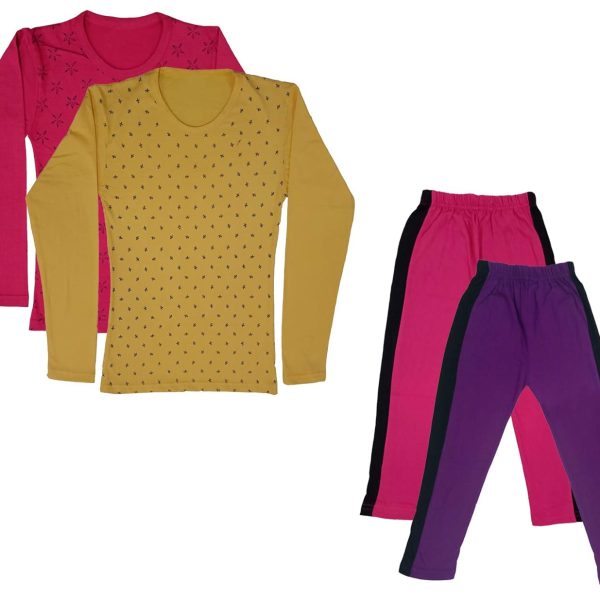 IndiWeaves Girls Cotton Full Sleeve Printed T-Shirts and Cotton Capri 3/4 Pants (Magenta,Purple,Magenta,Yellow,11-12 Years) Pack of 4