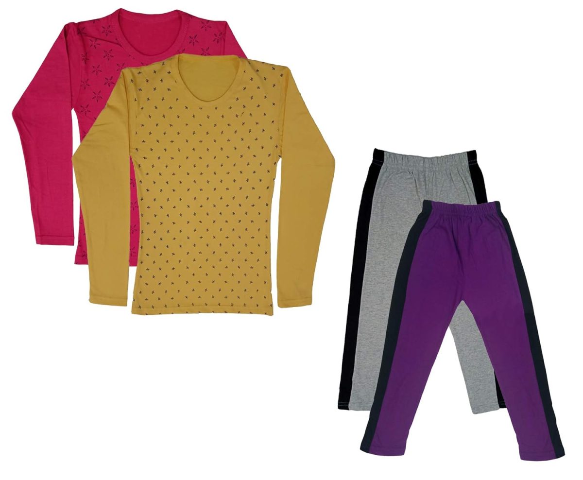 IndiWeaves Girls Cotton Full Sleeve Printed T-Shirts and Cotton Capri 3/4 Pants (Grey,Purple,Magenta,Yellow,11-12 Years) Pack of 4