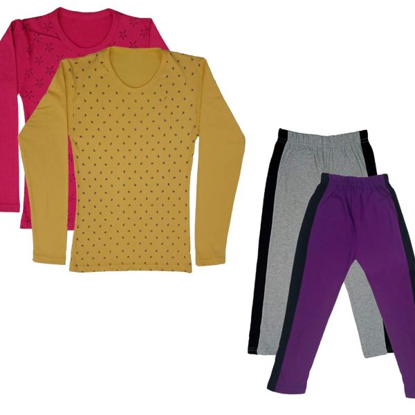 IndiWeaves Girls Cotton Full Sleeve Printed T-Shirts and Cotton Capri 3/4 Pants (Grey,Purple,Magenta,Yellow,11-12 Years) Pack of 4