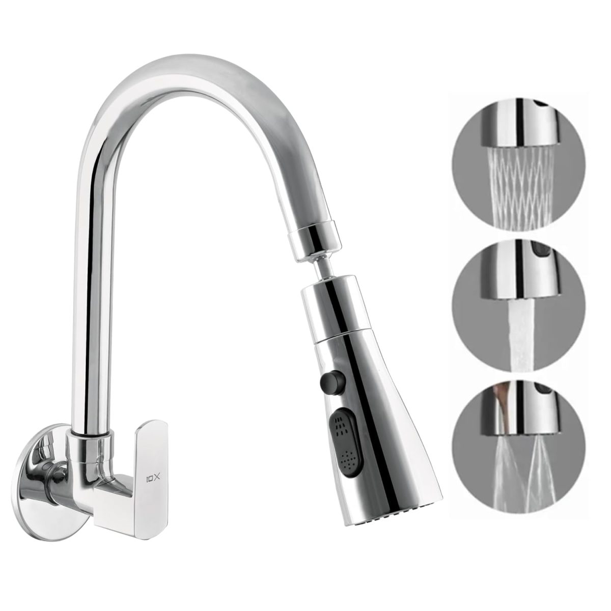 10X Rotatable Brass Kitchen Sink Tap ST-41023 Rotatable Neck Triple Flow 3 Function Shower Flow/Foam Flow/Anit Splash Wall Mount…Wall Mount Chrome Plate - Image 2