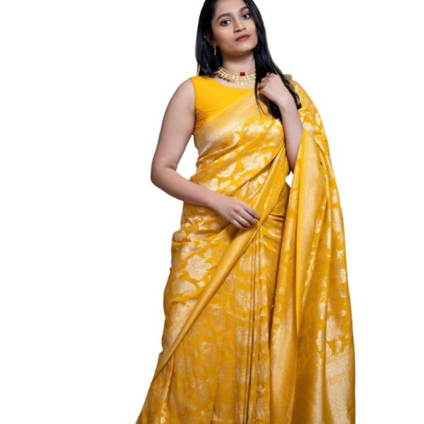 Women's Banarasi Soft Lichi Silk Saree - Yellow | Beautiful Rich Pallu & JACQUARD Work Saree [Unstitched Blouse Piece]