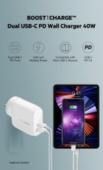 Belkin 40W (20W + 20W) Two Ports USB -C PD Wall Charger | Fast Charging for iPhone Series (16, 16 Pro Max, 15, 15 Pro Max) Samsung Galaxy S24 Ultra, iPad, AirPods & More | 2 Years Warranty, White - Image 2