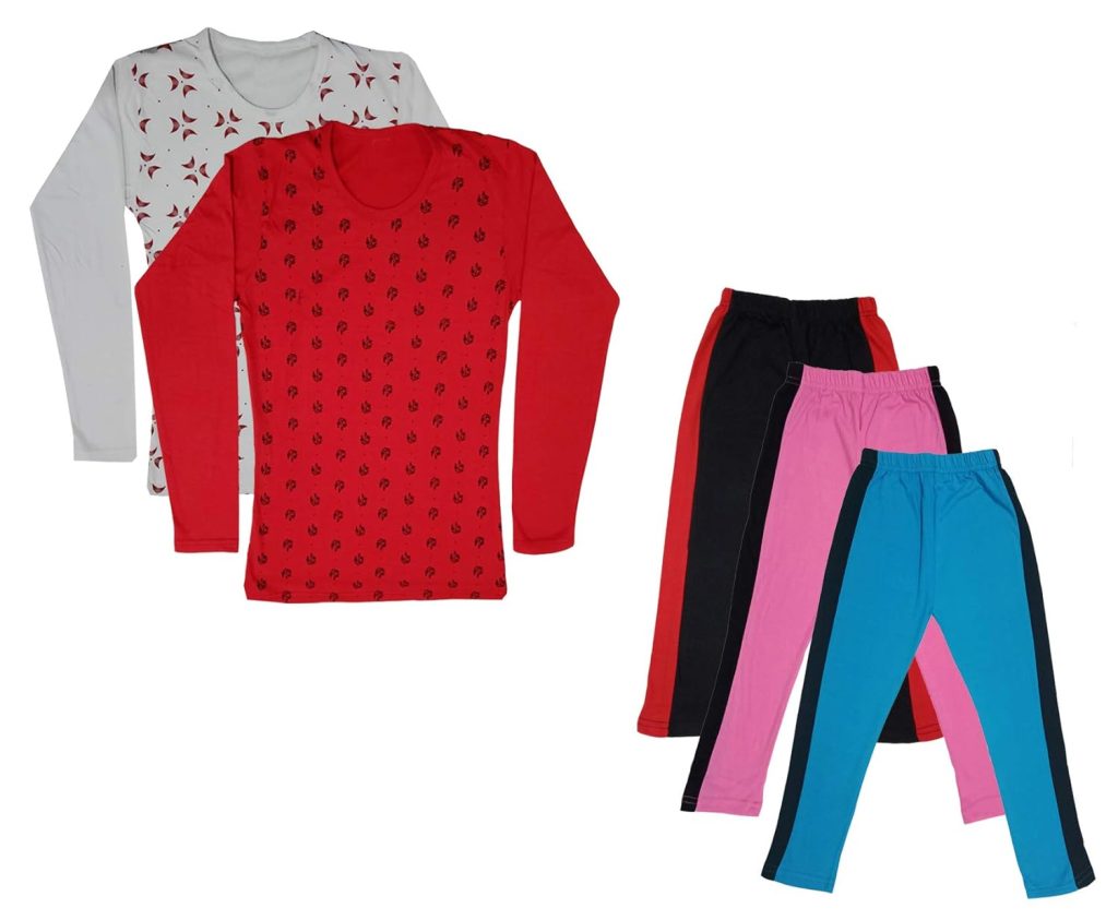 IndiWeaves Girls Cotton Full Sleeve Printed T-Shirts and Cotton Capri 3/4 Pants (Black,Pink,Sky Blue,White,Red,15-16 Years) Pack of 5