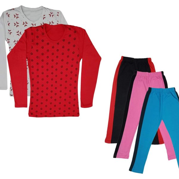 IndiWeaves Girls Cotton Full Sleeve Printed T-Shirts and Cotton Capri 3/4 Pants (Black,Pink,Sky Blue,White,Red,15-16 Years) Pack of 5