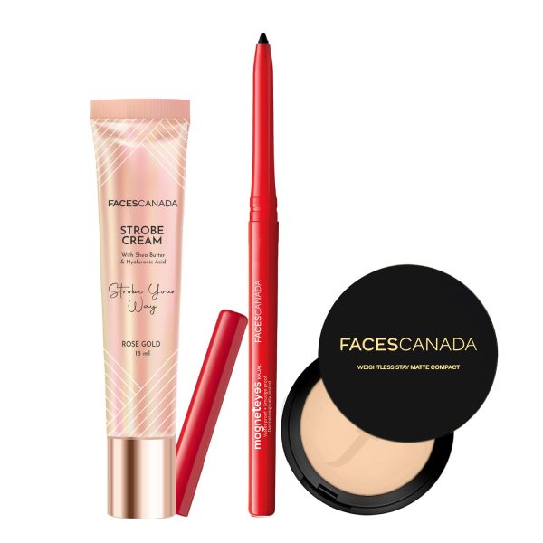 FACESCANADA Lumi Matte Glow Combo - Strobe Cream - Rose Gold (18ml) + Kajal - Black (0.35g) + Weightless Compact Powder - Natural 02 (9g) | Flawless Glowy Finish | Hides Imperfections