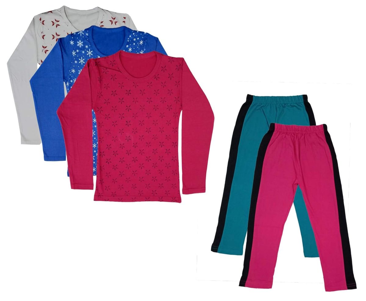 IndiWeaves Girls Cotton Full Sleeve Printed T-Shirts and Cotton Capri 3/4 Pants (Green,Magenta,White,Blue,Magenta,8-9 Years) Pack of 5