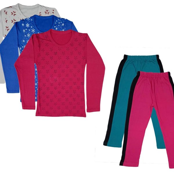 IndiWeaves Girls Cotton Full Sleeve Printed T-Shirts and Cotton Capri 3/4 Pants (Green,Magenta,White,Blue,Magenta,8-9 Years) Pack of 5
