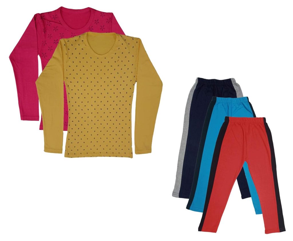 IndiWeaves Girls Cotton Full Sleeve Printed T-Shirts and Cotton Capri 3/4 Pants (Navy Blue,Sky Blue,Red,Magenta,Yellow,14-15 Years) Pack of 5
