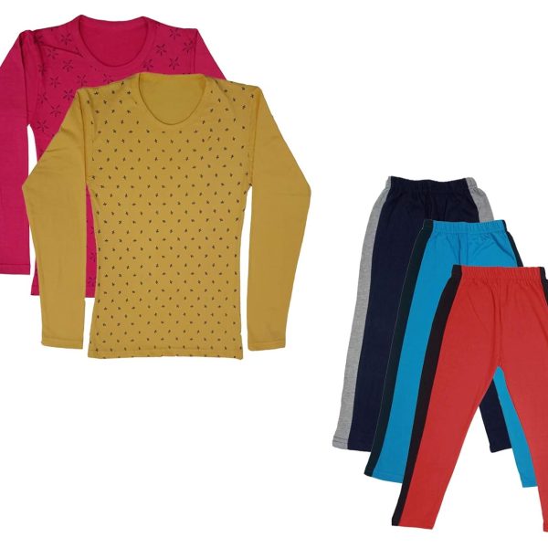 IndiWeaves Girls Cotton Full Sleeve Printed T-Shirts and Cotton Capri 3/4 Pants (Navy Blue,Sky Blue,Red,Magenta,Yellow,14-15 Years) Pack of 5