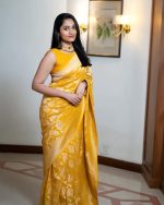 Women's Banarasi Soft Lichi Silk Saree - Yellow | Beautiful Rich Pallu & JACQUARD Work Saree [Unstitched Blouse Piece] - Image 4